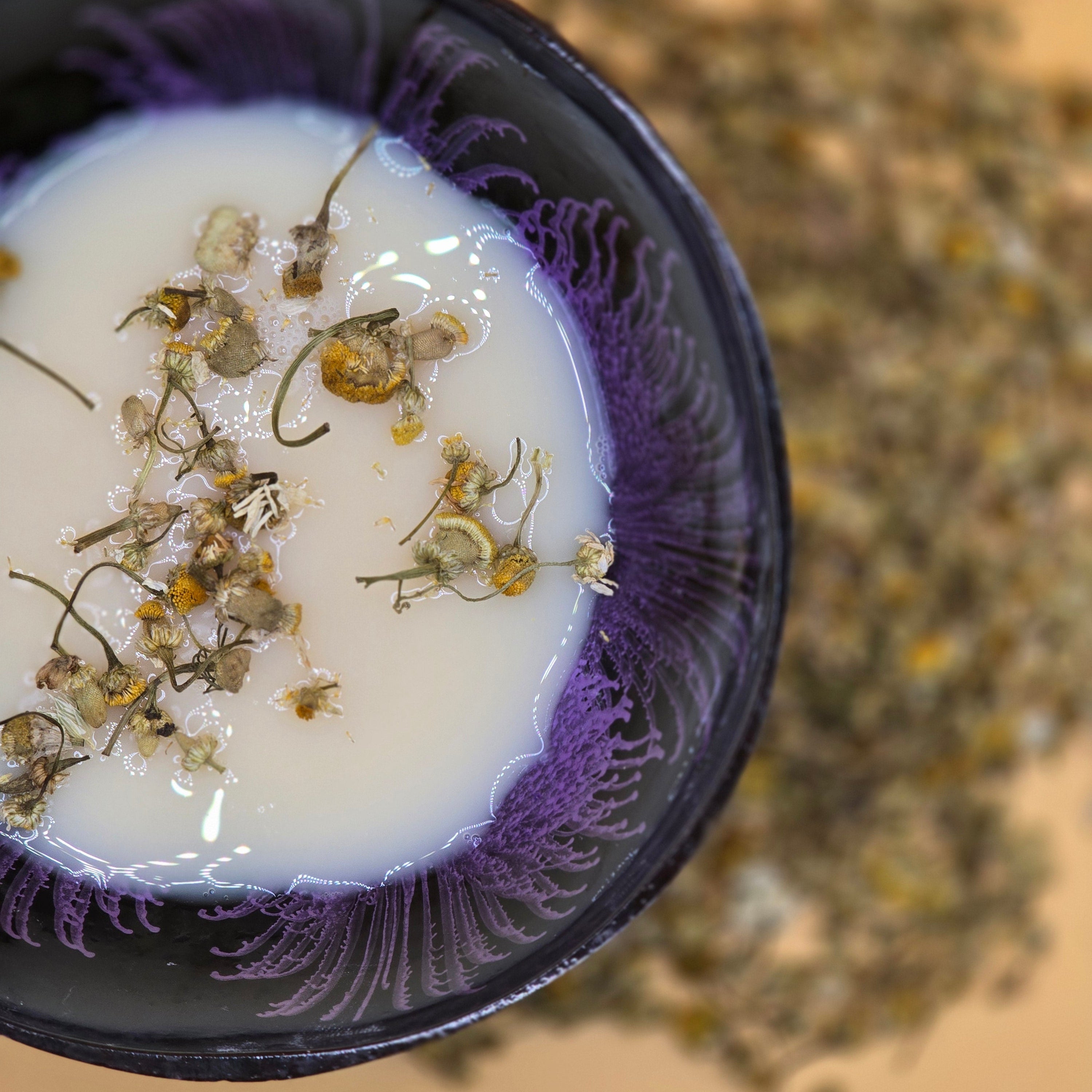 bowl of milk with chamomile flowers