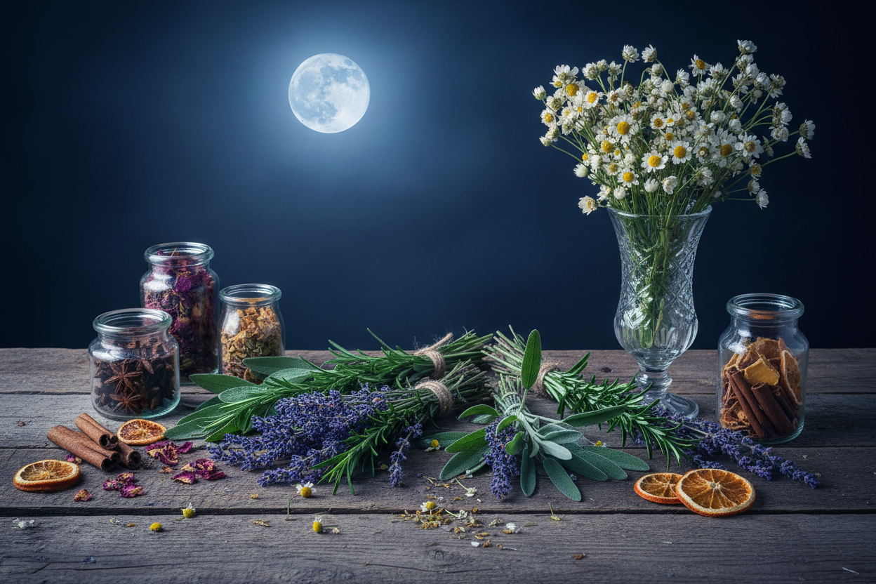 a  real to life image that does not look like a drawing of a moonlit display of herbs and botanicals