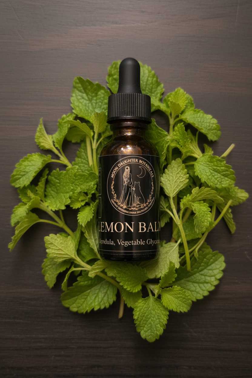 2oz amber dropper bottle of Lemon Balm Glycerite surrounded by fresh lemon balm leaves