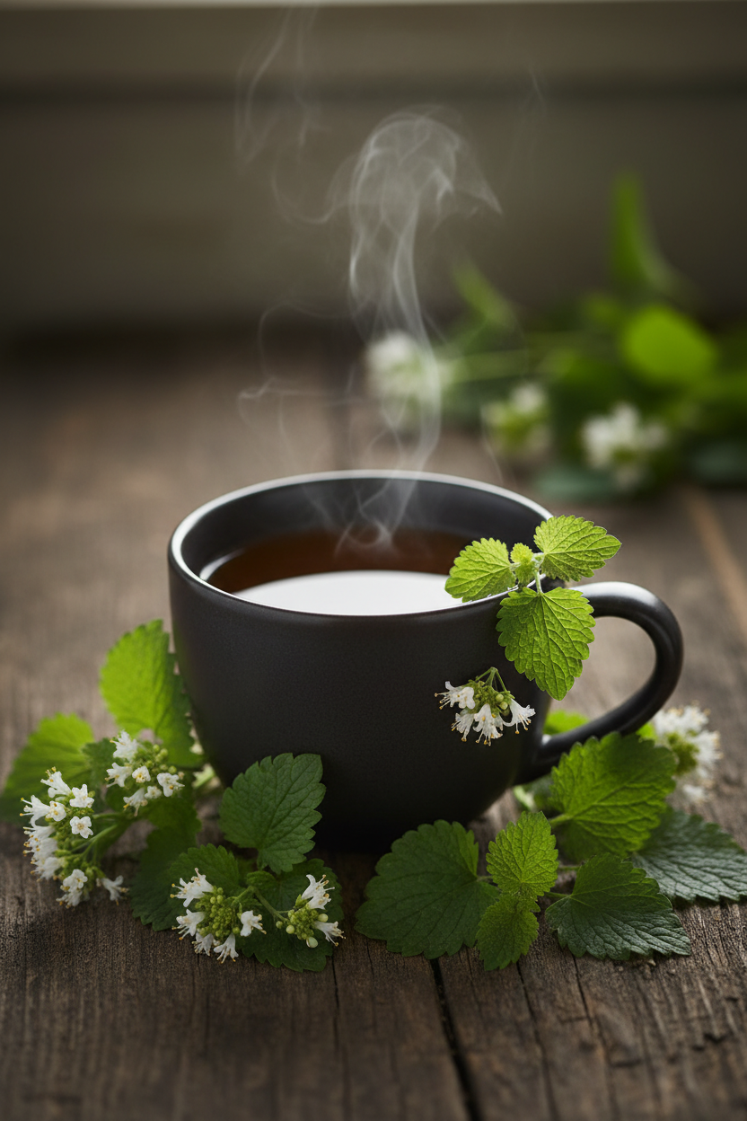 Steaming cup of herbal tea surrounded by fresh lemon balm leaves and flowers